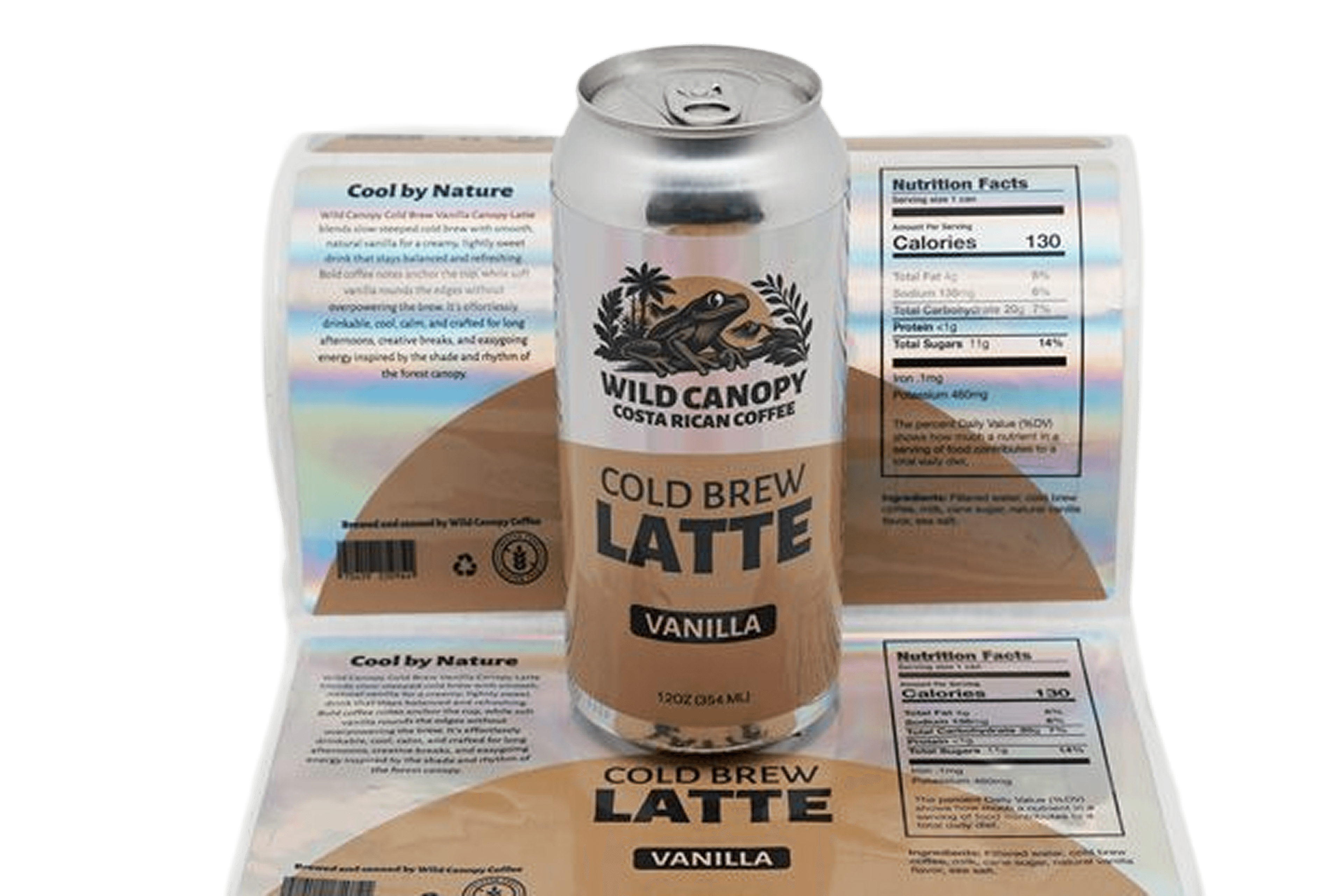Custom holographic can labels applied to a cold brew coffee can with matching printed labels, showcasing premium beverage packaging and metallic label finishes.