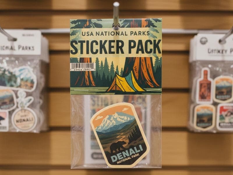 Retail display of national park themed sticker packs with header cards hanging on a store merchandise wall.