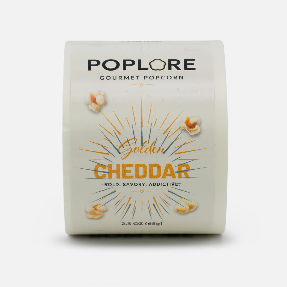 Roll of custom Poplore Gourmet Popcorn labels featuring Golden Cheddar artwork with popcorn illustrations and orange accent details.