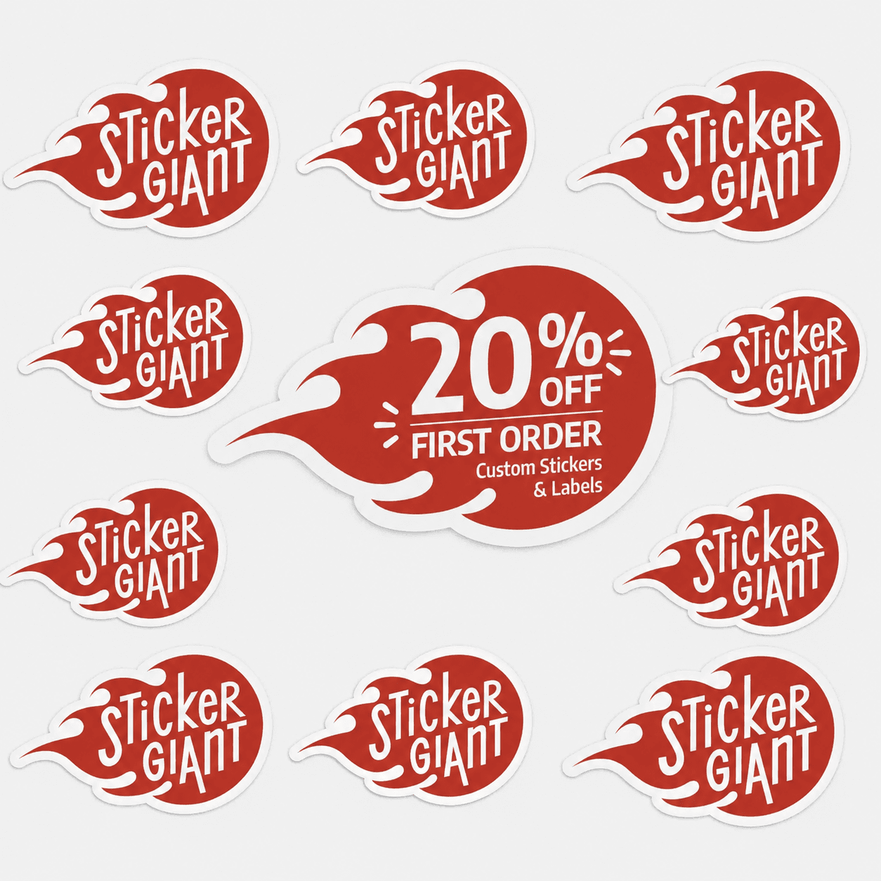 StickerGiant 20% off first order promotional sticker graphic for custom stickers and labels.