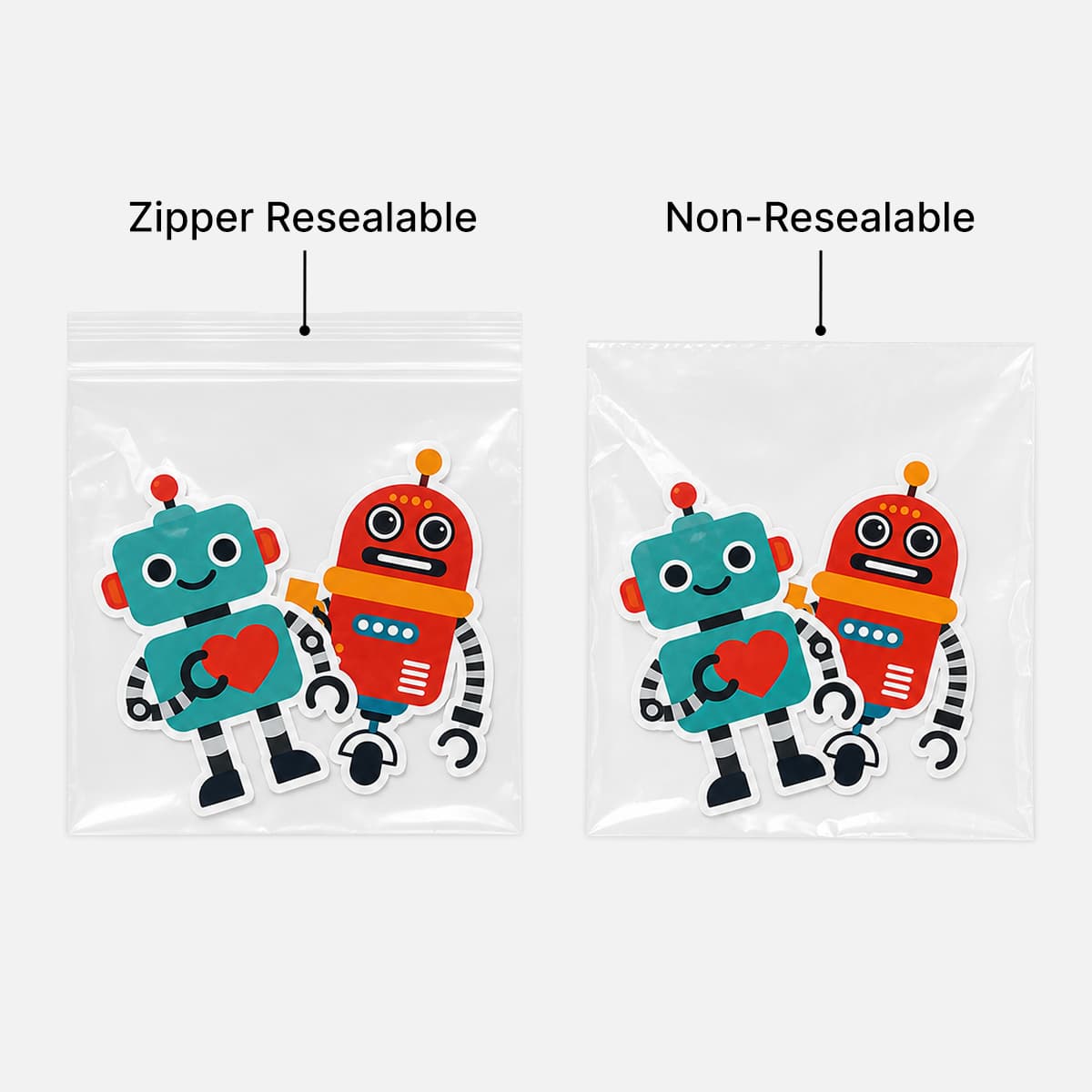 Comparison of custom sticker pack bag options featuring resealable and non resealable clear poly bags for retail packaging.