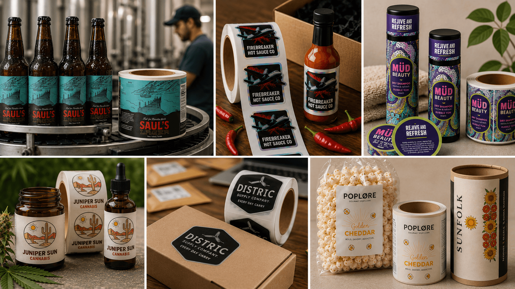 Custom roll labels displayed on beer bottles, hot sauce bottles, beauty products, cannabis packaging, shipping boxes, and food packaging.