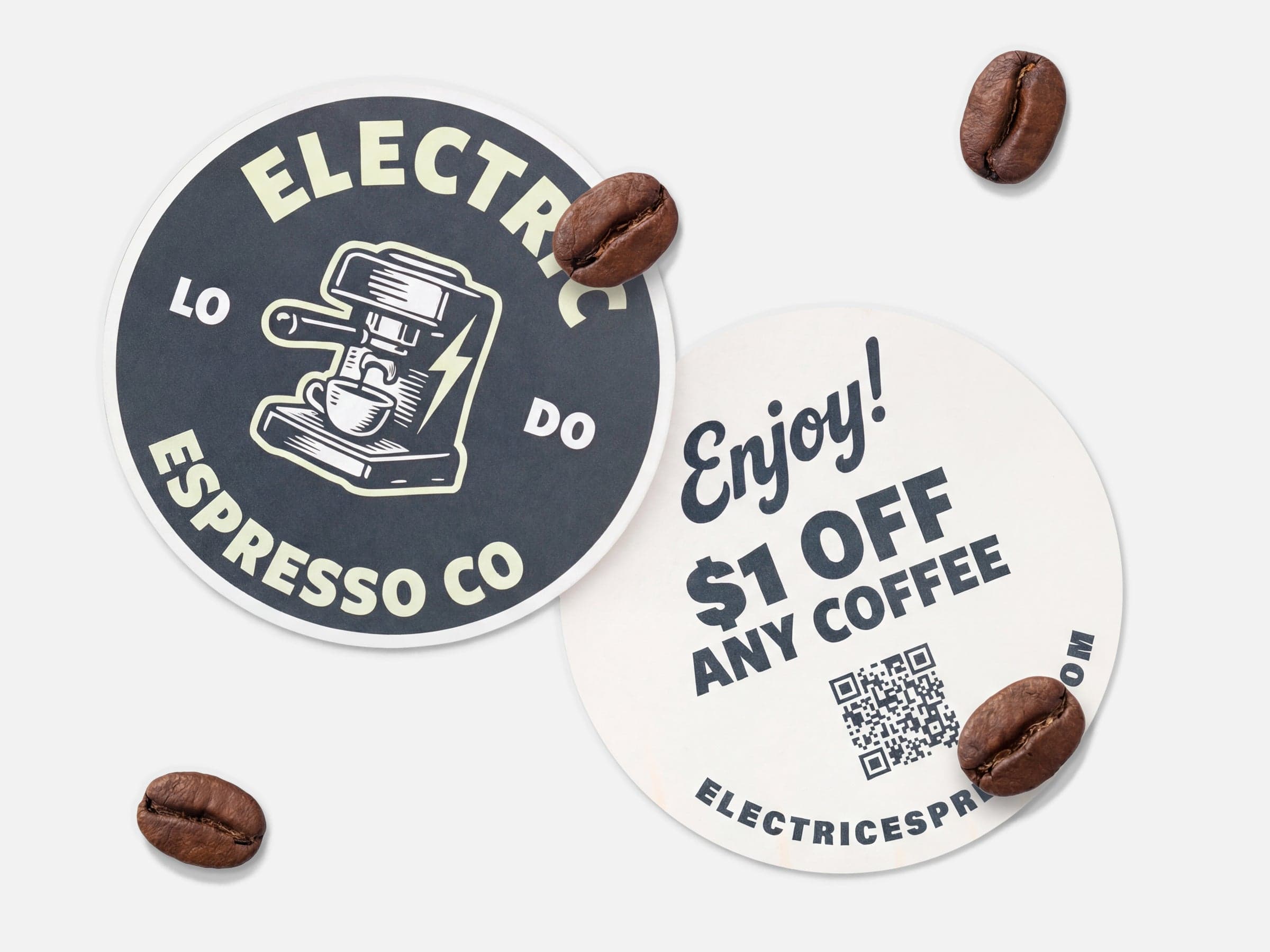 Custom round coffee shop stickers featuring a logo design and QR code promotional coupon sticker with coffee beans.