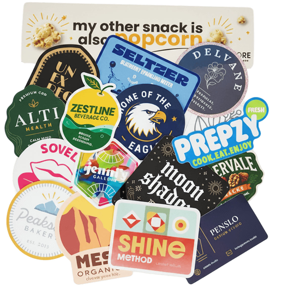 Assortment of custom stickers, sticker sheets, roll labels, product labels, and branded packaging labels displayed on a light gray background.
