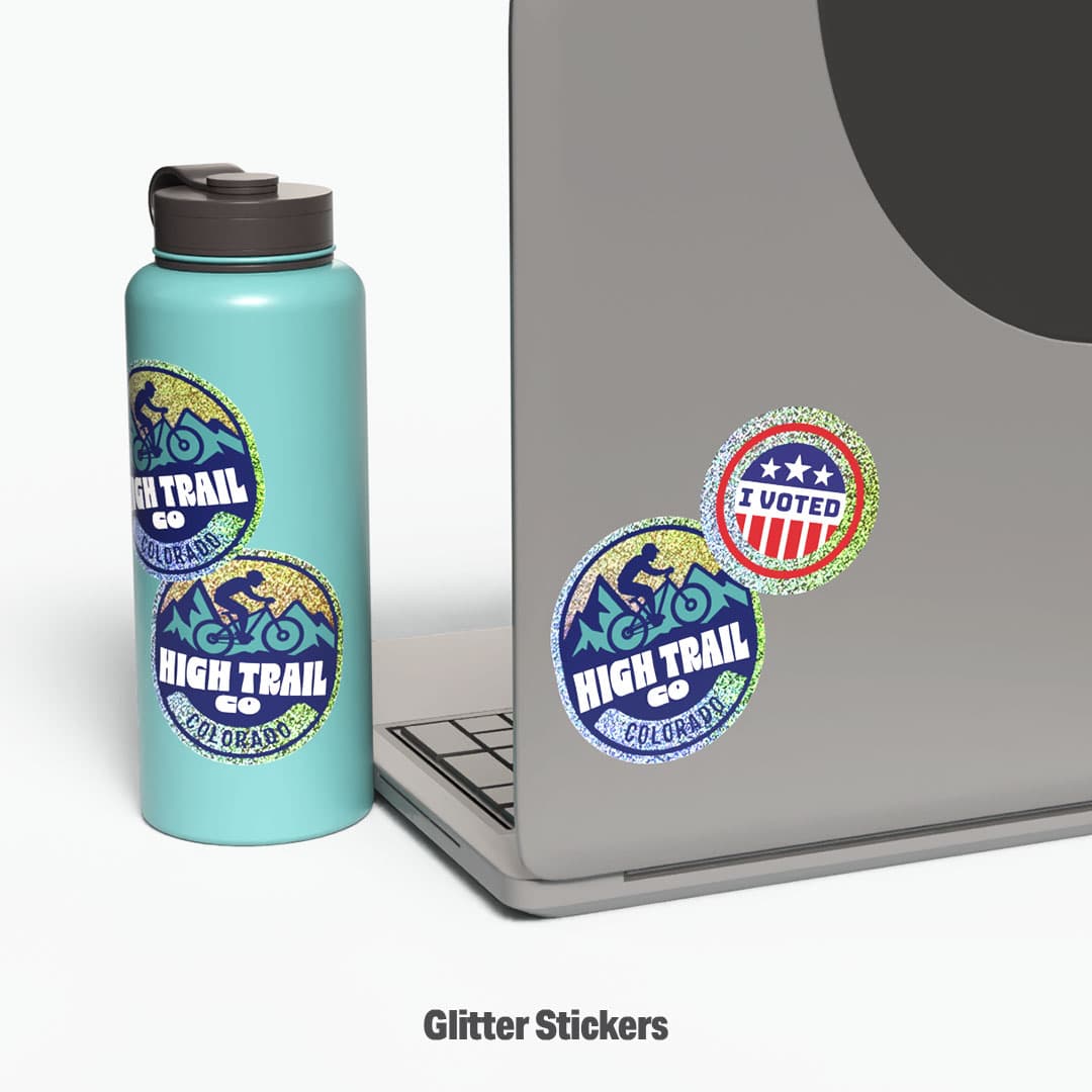 Custom glitter stickers displayed on a water bottle and laptop, showcasing sparkling outdoor-themed and voting sticker designs for durable everyday use.