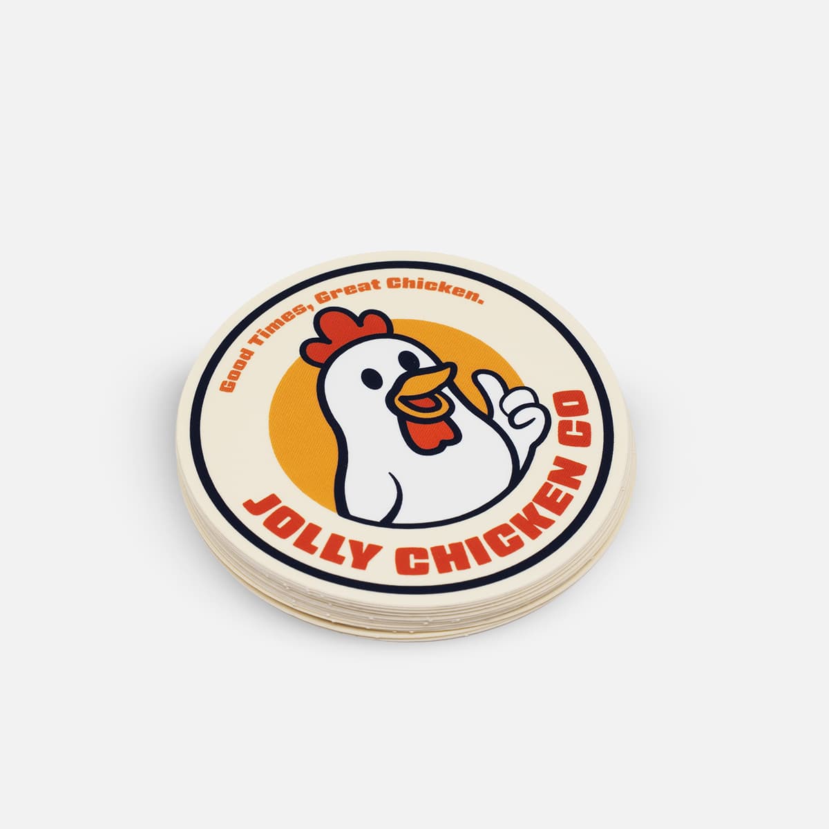 Stack of custom round Jolly Chicken stickers featuring a cartoon chicken mascot and bold circular branding design.