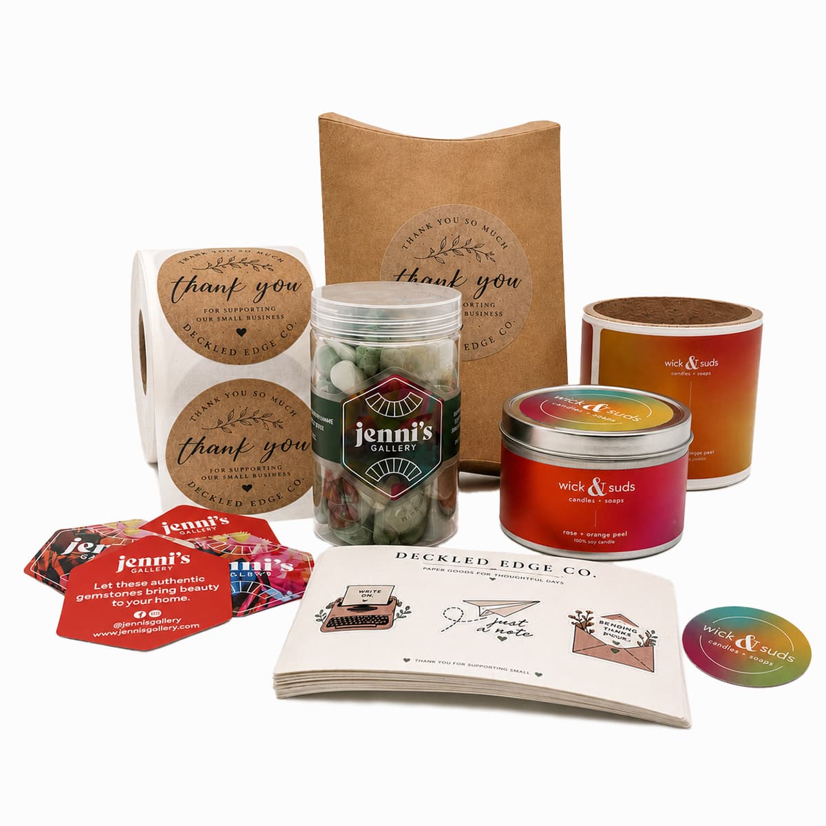 Custom stickers and labels for creators, makers, crafters, artists, and DIY brands shown on packaging, product containers, hang tags, and promotional materials.