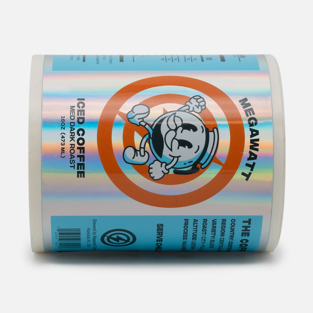 Roll of custom holographic coffee labels for Megawatt Iced Coffee with a blue and orange med dark roast design.