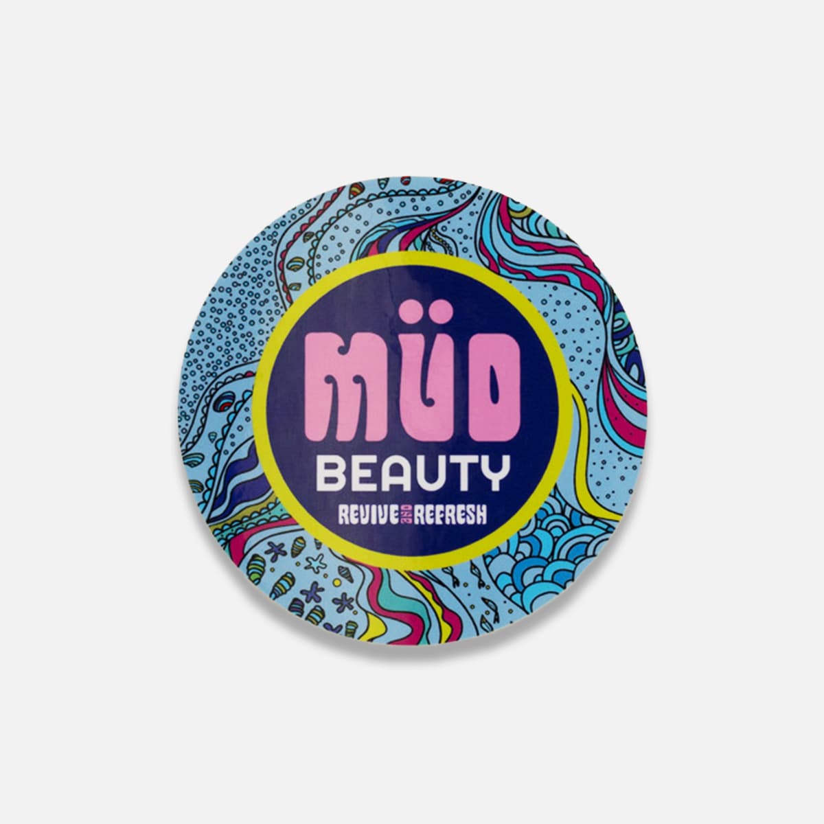 Custom round beauty product sticker with colorful illustrated artwork and bold Mud Beauty branding.